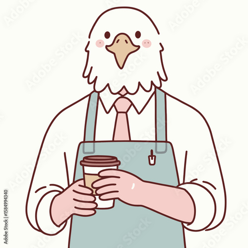An eagle head barista wearing a pink tie and apron holds coffee cup in front of white. Cartoon Clipart Silhouette Vector Illustration Line Art Illustration. Bird face server garb.