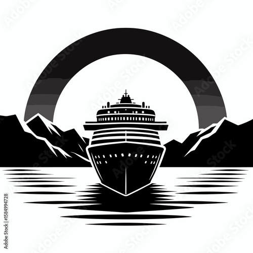 Black and white cruise ship logo with sunset mountains in the. Cartoon Clipart Silhouette Vector Illustration Line Art Illustration. .
