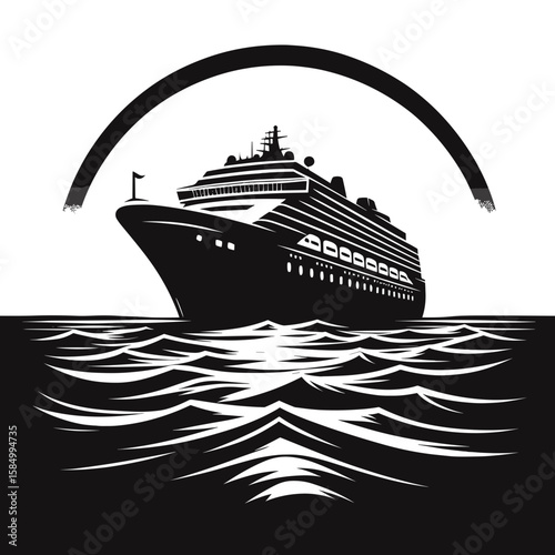Black and white cruise ship logo. Cartoon Clipart Silhouette Vector Illustration Line Art Illustration. .