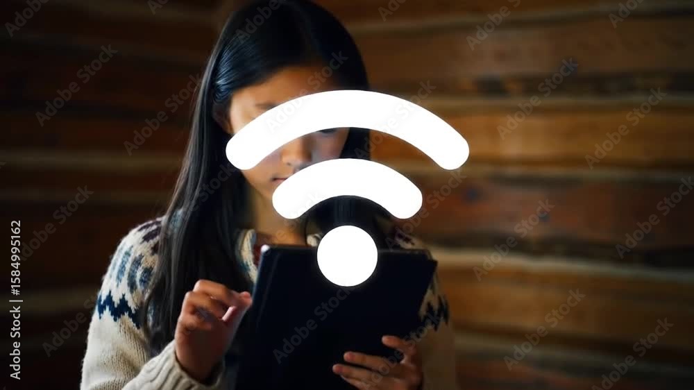 Young woman using a tablet with a WiFi symbol overlay, indoors.