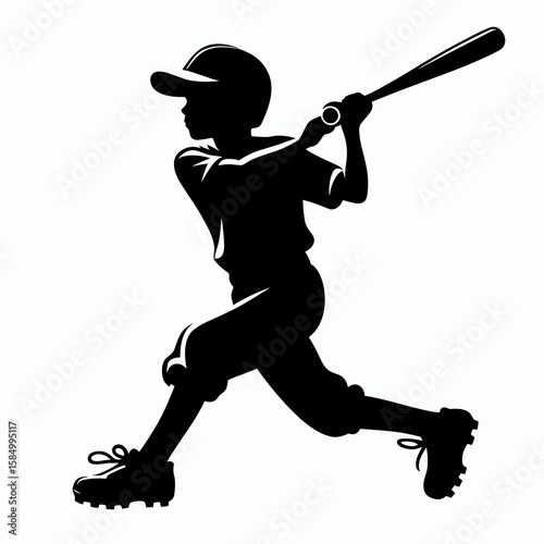 Little league baseball batter swings for the. Cartoon Clipart Silhouette Vector Illustration Line Art Illustration. .