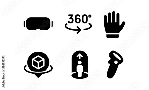 Virtual reality icons set featuring 360 degree, immersive experience, and interactive technology