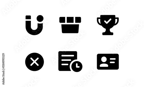 Set of minimalist black icons: magnet, gift, trophy, cross, document, id card