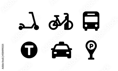 Minimalist transport icons set featuring scooter, bicycle, and bus in simple black silhouettes