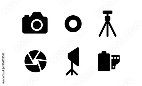 Photography equipment icons set: camera, lens, tripod, shutter, softbox, film roll