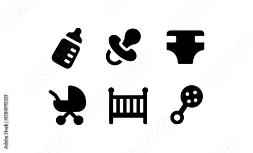 Essential baby icons set: bottle, pacifier, diaper, stroller, crib, rattle in black silhouette