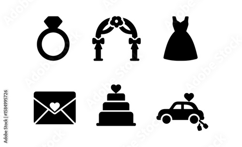 Elegant wedding icons set featuring rings cake dress and more