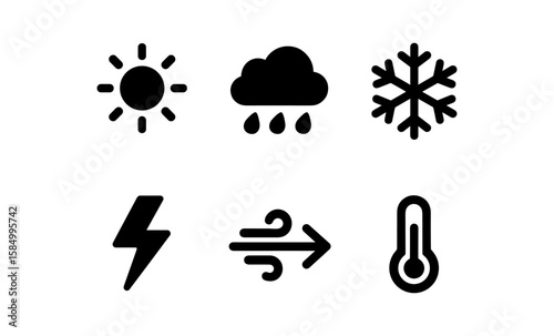 Weather icons: sun, rain, snow, lightning, wind, temperature