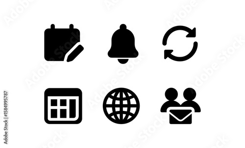 Essential interface icons set: calendar, notification, update, contacts, global, messaging