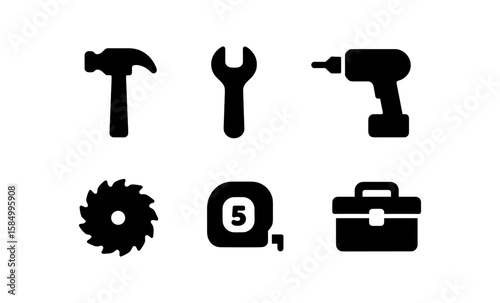 Tool silhouettes: hammer, wrench, drill, saw blade, tape measure, tool box icons
