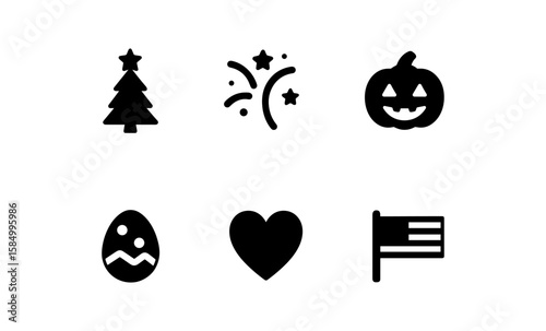 Simple festive icons: christmas tree, fireworks, pumpkin, easter egg, heart, flag