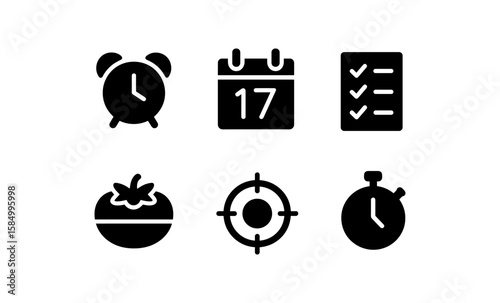 Time management icons: alarm, calendar, checklist, pomodoro, target, timer