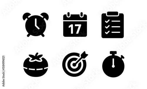 Minimalist black silhouette icons: alarm clock, calendar, checklist, tomato, target, stopwatch