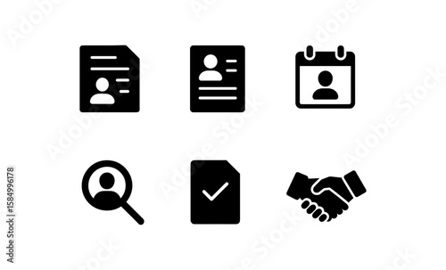 Essential business icons: profile, calendar, search, document, handshake