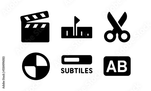 Movie editing icons: clapperboard, film strip, scissors, subtitles, and tools set