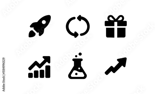 Set of bold icons featuring rocket, recycle, gift, growth, flask, and arrow