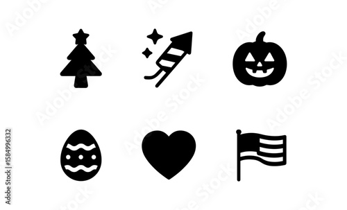 Holiday icons: christmas tree, fireworks, pumpkin, easter egg, heart, flag