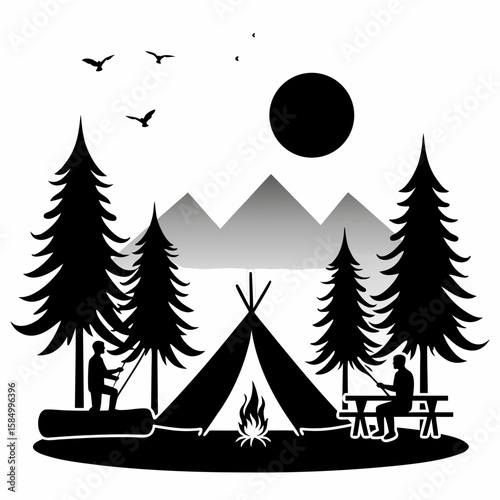 Camping scene with figures fishing and campfire tent trees