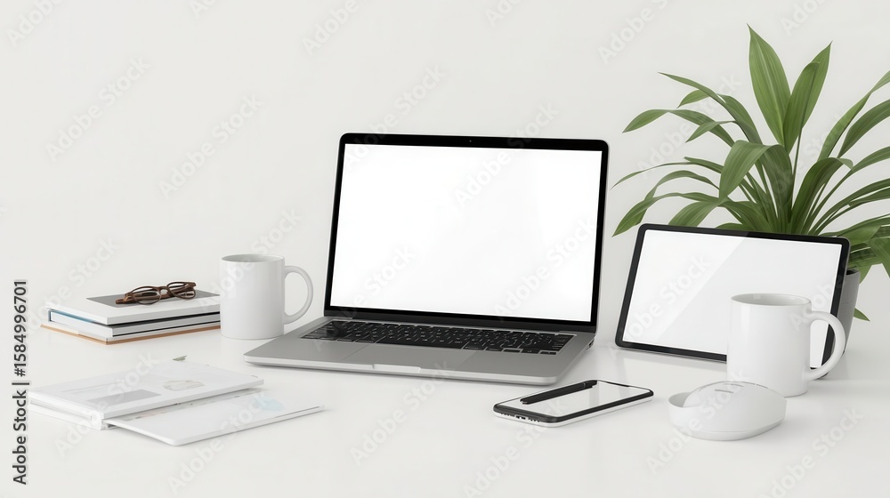 Fototapeta premium A sleek, minimalist workspace featuring a laptop, tablet, smartphone, and office supplies against a white backdrop.