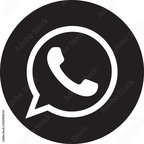 Black and white whatsapp icon with speech bubble and handset isolated on transparent background