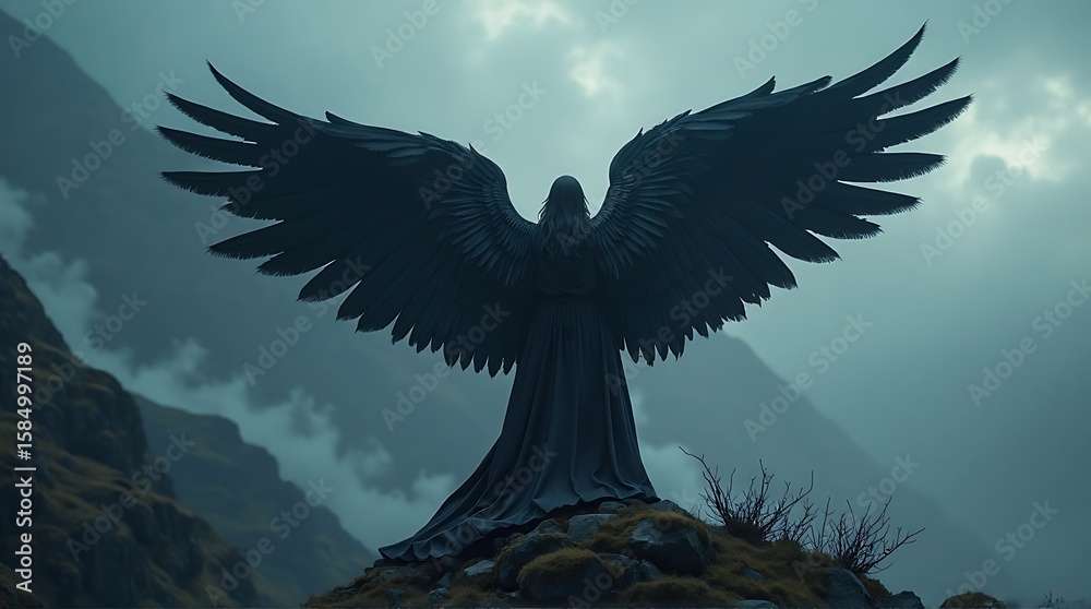 Obraz premium Dark Angel with Wings on Mountain Top