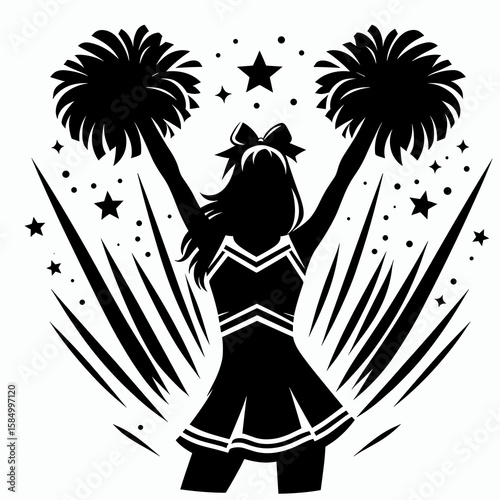 The silhouette of a cheerleader with pom poms in her hands. Cartoon Clipart Vector Illustration Line Art Illustration. Dark form girl dancer fluffy props palm sport activity icon.
