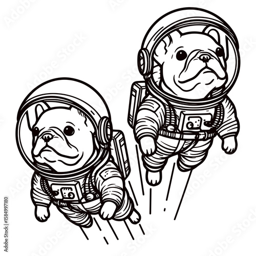 Two French bulldogs in spacesuits floating in. Cartoon Clipart Silhouette Vector Illustration Line Art Illustration. Pair bulldog astronaut gear drift amid cosmic realm pet travel concept.