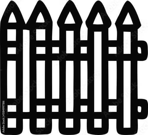 A stylized black and white graphic illustration of a simple picket fence with pointed tops and horizontal crossbars creating a bold graphic design
