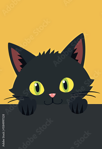 Unleash Playful Feline Personality: Captivating Illustration of a Black Cat with Bright Yellow Eyes Peeking Over a Surface, Conveying Curiosity and Mischievousness, Ideal for Pet-Themed Designs.
