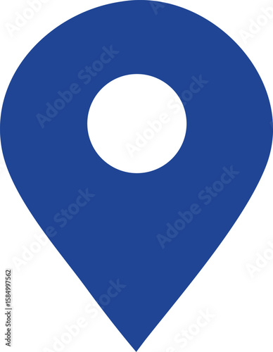 A simple bold blue map pin icon with a white circle at its center isolated on a white background representing location
