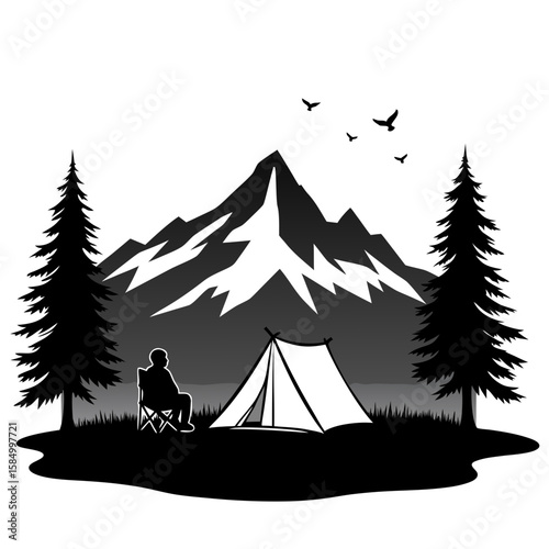 Mountain camping scene with person and tent mountains chair