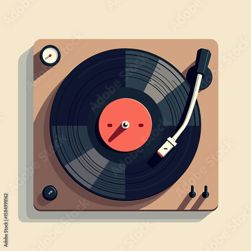 Retro Turntable Aesthetic: Overhead View of a Classic Record Player with Black Vinyl and Red Label, Evoking Vintage Music Vibes and Analog Sound Warmth for Timeless Designs.
