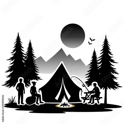 People camping by a tent with a campfire and fishing vector
