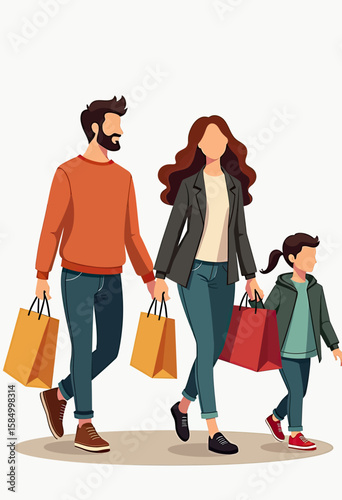 Experience Family Shopping Joy: Vibrant Illustration of a Modern Family — Father, Mother, and Child — Happily Strolling with Shopping Bags, Capturing Moments of Leisure, Togetherness, and Consumer Fun