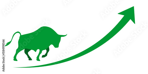 Bull and increase arrow vector, symbolizing a bull market, growth, and optimistic financial trends. Ideal for stock market analyses, investment strategies, economic forecasts indicating upward moment