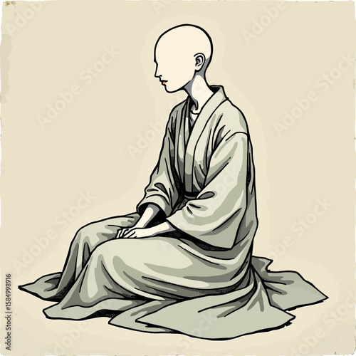 Discover Serene Contemplation: Stylized Illustration of a Person in Traditional Kimono-like Garb, Seated in a Pensive Pose, Evoking a Sense of Calmness, Introspection, and Spiritual Reflection.
