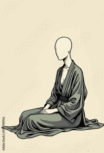 Explore Meditative Practice: Stylized Illustration of a Person in Traditional Kimono-like Garb, Sitting Calmly in a Side Profile, Capturing a Sense of Serenity, Mindfulness, and Inner Peace.
