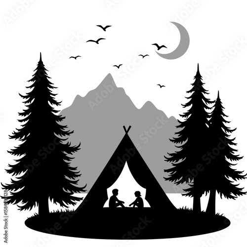 Silhouetted couple in tent with trees mountains moon and birds camping