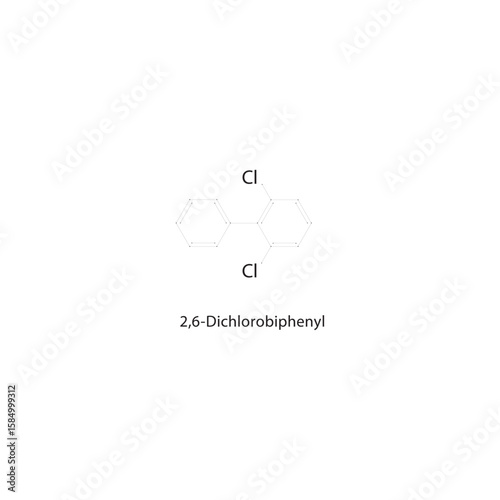 2,6-Dichlorobiphenyl skeletal structure. halogen biphenyl compound schematic illustration. Simple diagram, chemical formula.