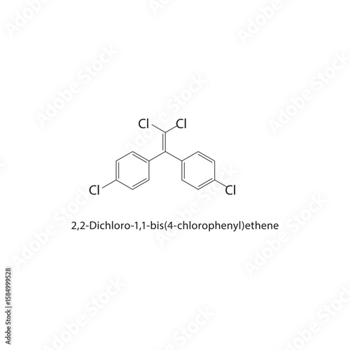 2,2-Dichloro-1,1-bis(4-chlorophenyl)ethene skeletal structure. halogen alkene compound schematic illustration. Simple diagram, chemical formula.