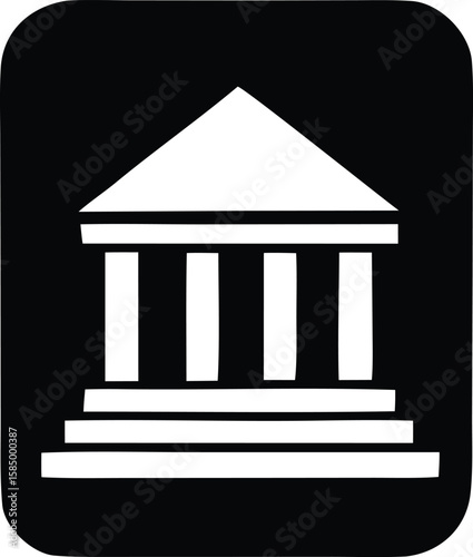 Simple white illustration of a classical building with a triangular pediment and columns on a black background