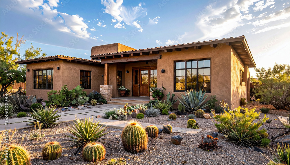 Obraz premium Desert-style adobe house with clay walls, cactus garden in the front yard, and soft golden hour lighting