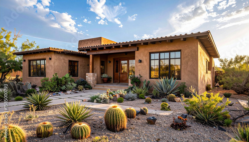 Desert-style adobe house with clay walls, cactus garden in the front yard, and soft golden hour lighting