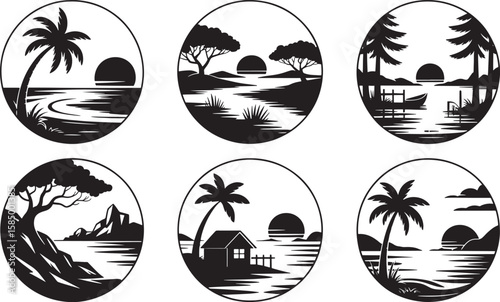 Silhouette Tropical Landscapes in Circular Frames, Black and White Coastal Scene Collection Vector