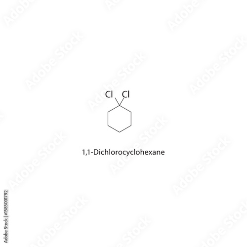 1,1-Dichlorocyclohexane skeletal structure. halogen cycloalkane compound schematic illustration. Simple diagram, chemical formula.