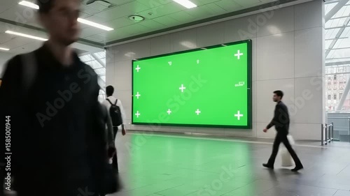 People waiting in an airport with a green screen display