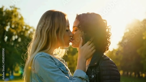 Radiant encounter between two women in sunny park evokes love, unity, and modern relationships, symbolizing connection and shared moments.