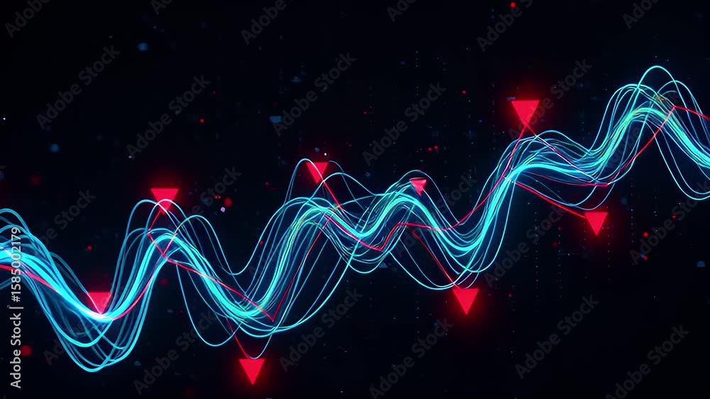 Abstract data visualization, glowing lines and triangular markers.