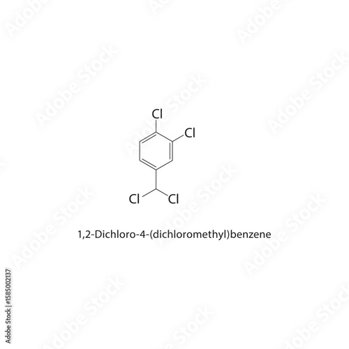 1,2-Dichloro-4-(dichloromethyl)benzene skeletal structure. halogen benzene compound schematic illustration. Simple diagram, chemical formula.