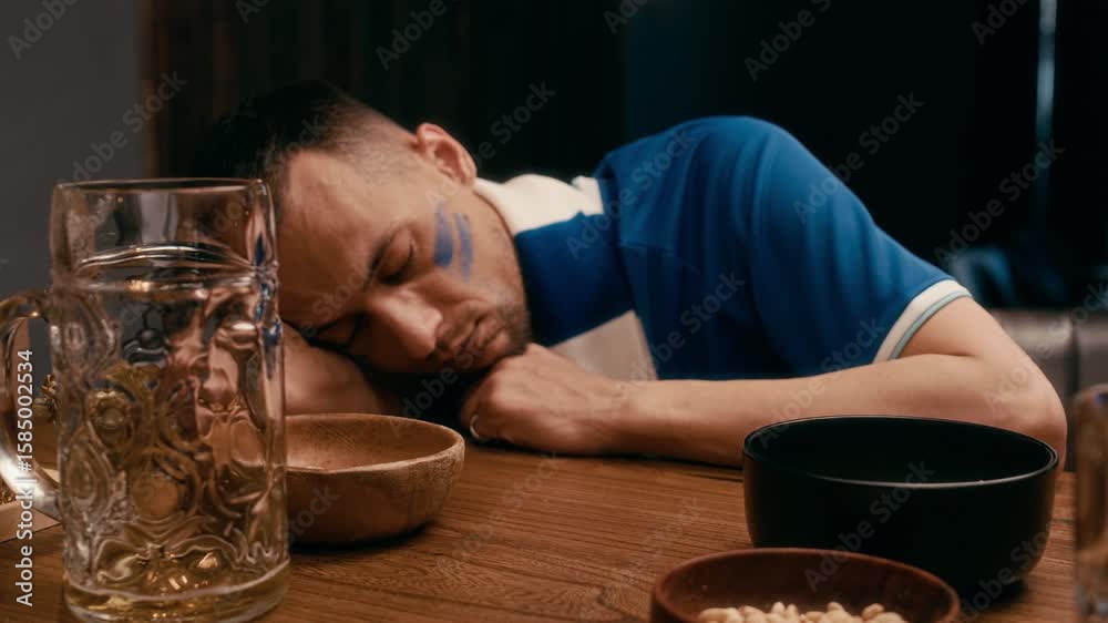 Young drunk or tired football fan napping in pub after watching match broadcast while keeping his head on table with empty beer glass and bowls with snacks